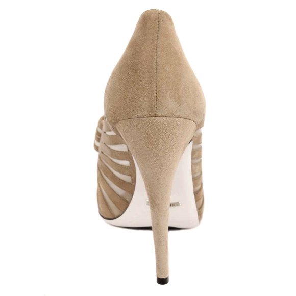 RON WHITE Jayla Tan Suede & Mesh Bow Peep Toe Pumps - Picture 3 of 9